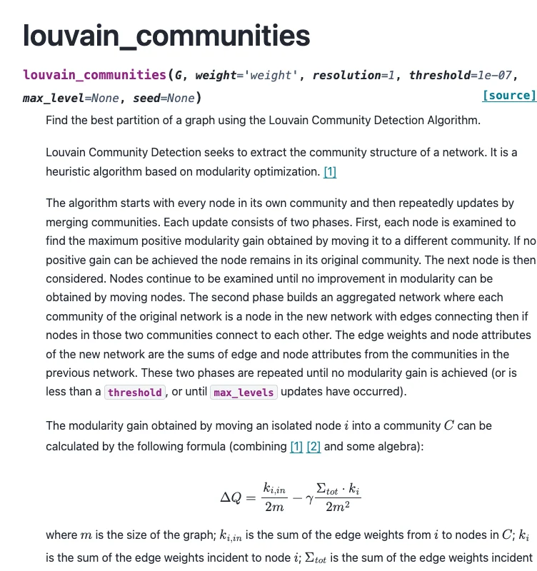 NetworkX reference for Louvain community detection, including its modularity equation.