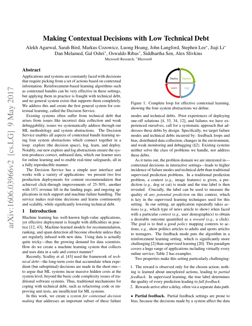 First page of Making Contextual Decisions with Low Technical Debt.
