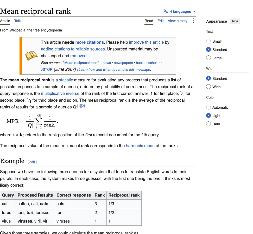 Wikipedia explanation of mean reciprocal rank with the metric formula and a worked ranking example.