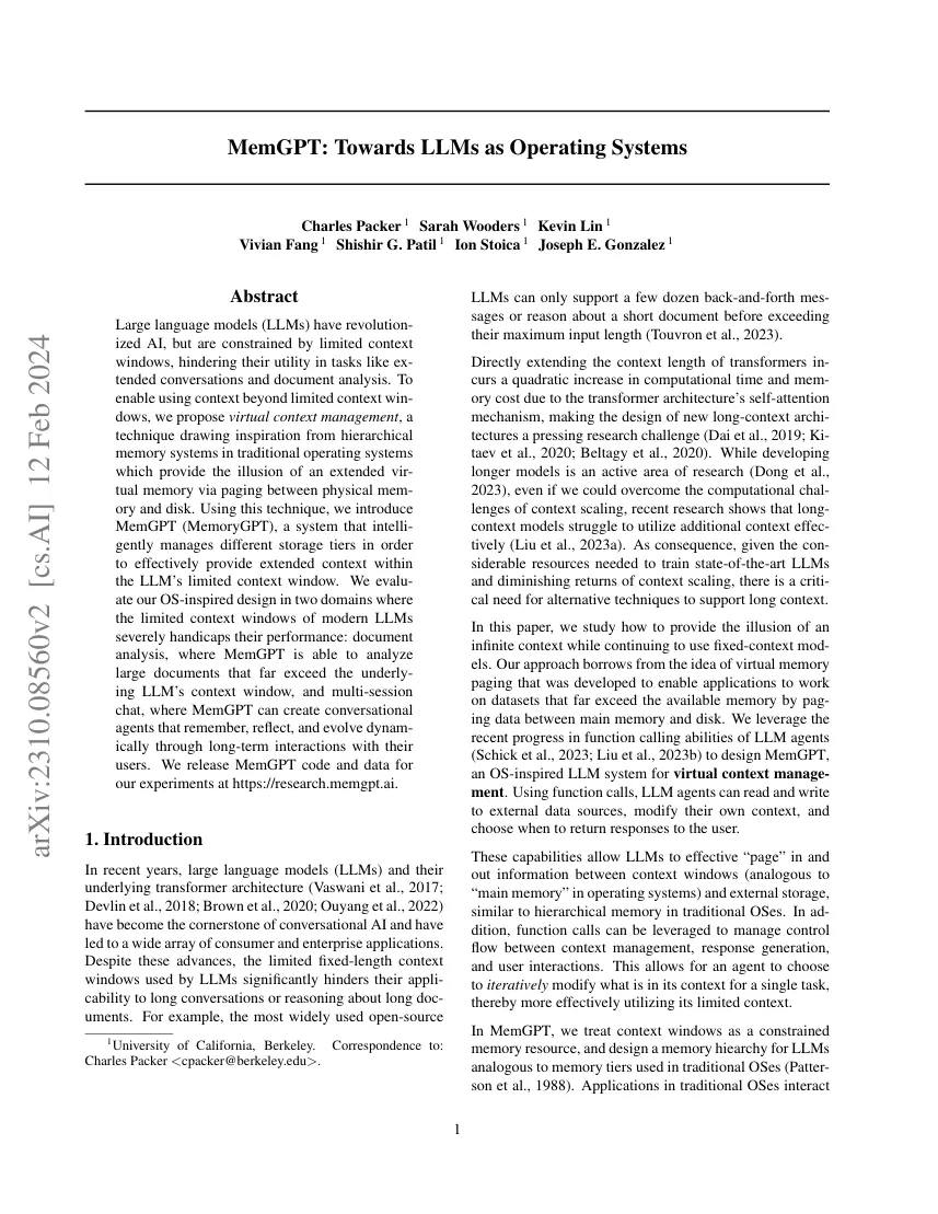 First page of MemGPT: Towards LLMs as Operating Systems.
