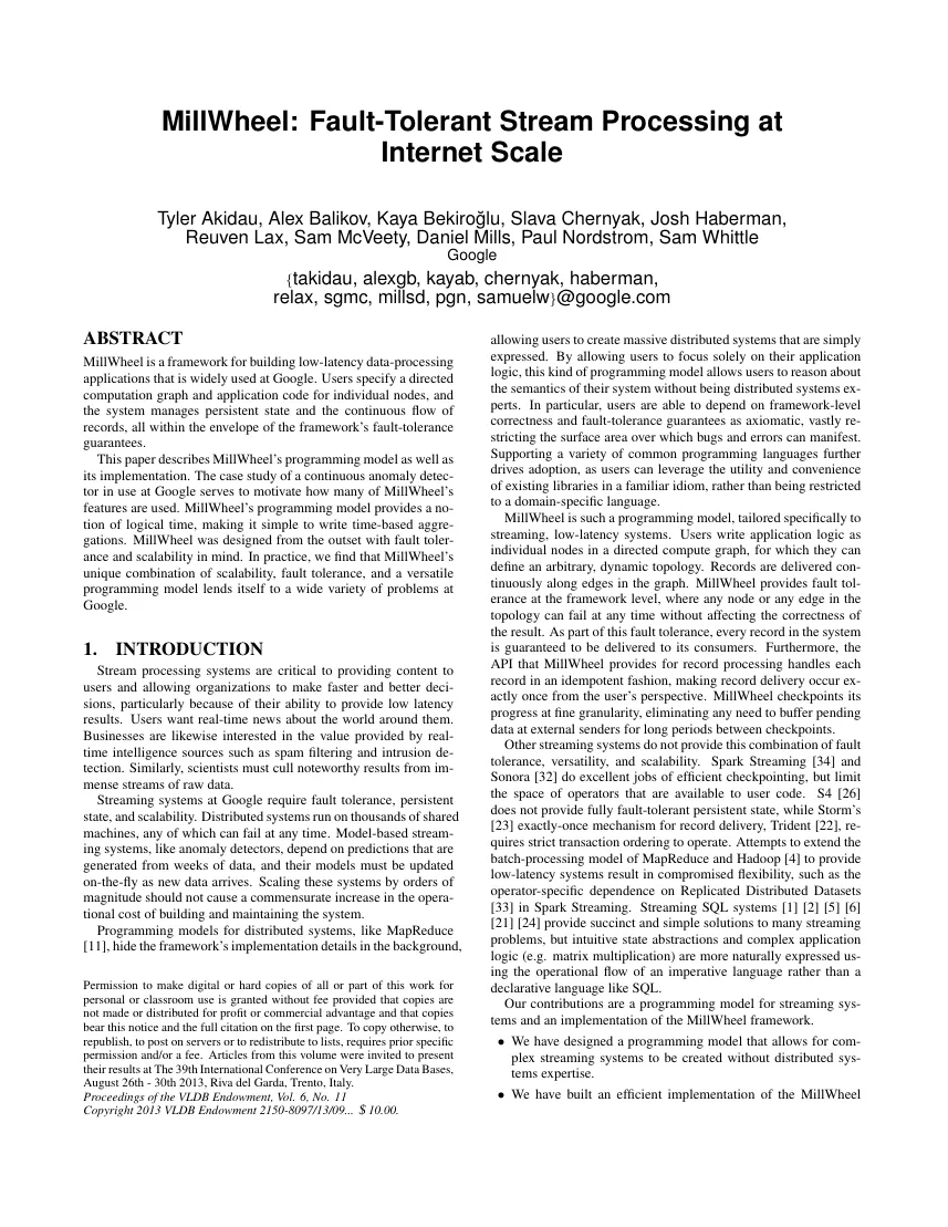 First page of MillWheel: Fault-Tolerant Stream Processing at Internet Scale.