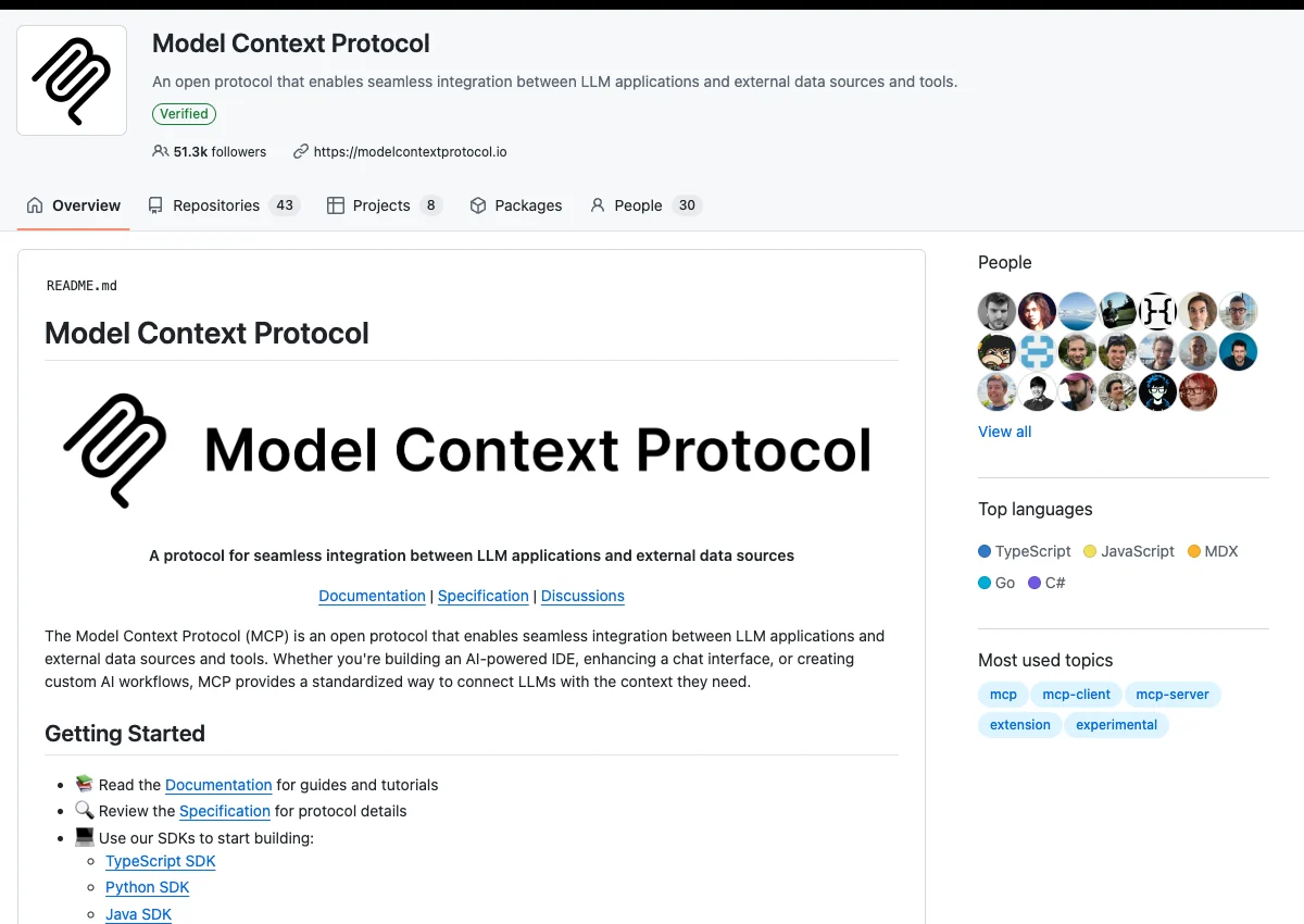 Model Context Protocol GitHub organization overview with project documentation and getting-started links.