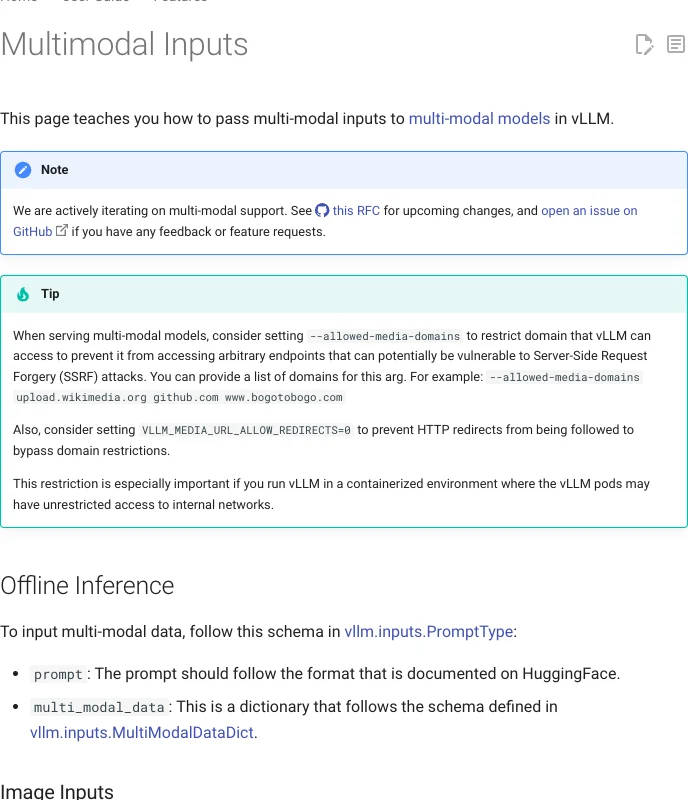 vLLM guide explaining multimodal inputs with offline inference and image-input examples.