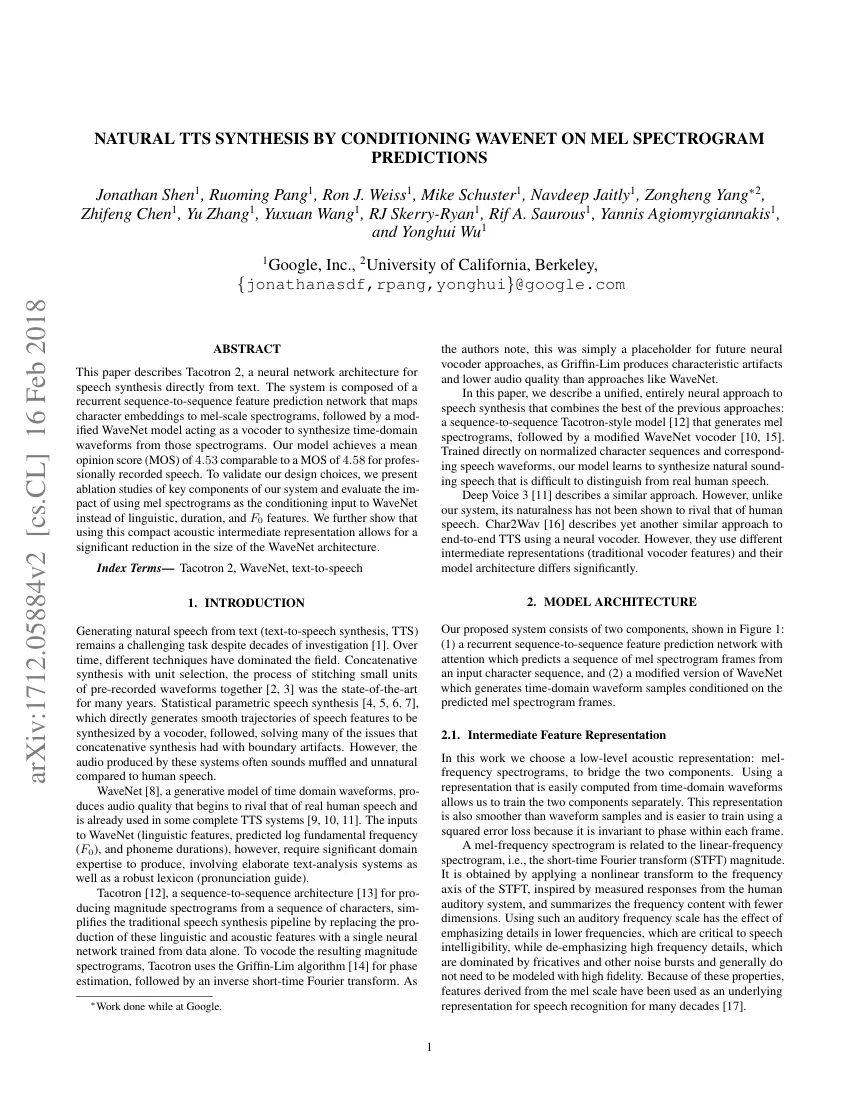 First page of Natural tts synthesis by conditioning wavenet on mel spectrogram predictions.