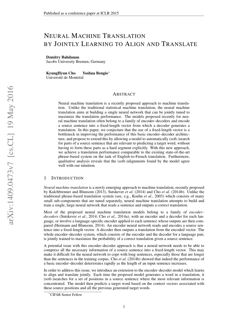 First page of Neural machine translation by jointly learning to align and translate.
