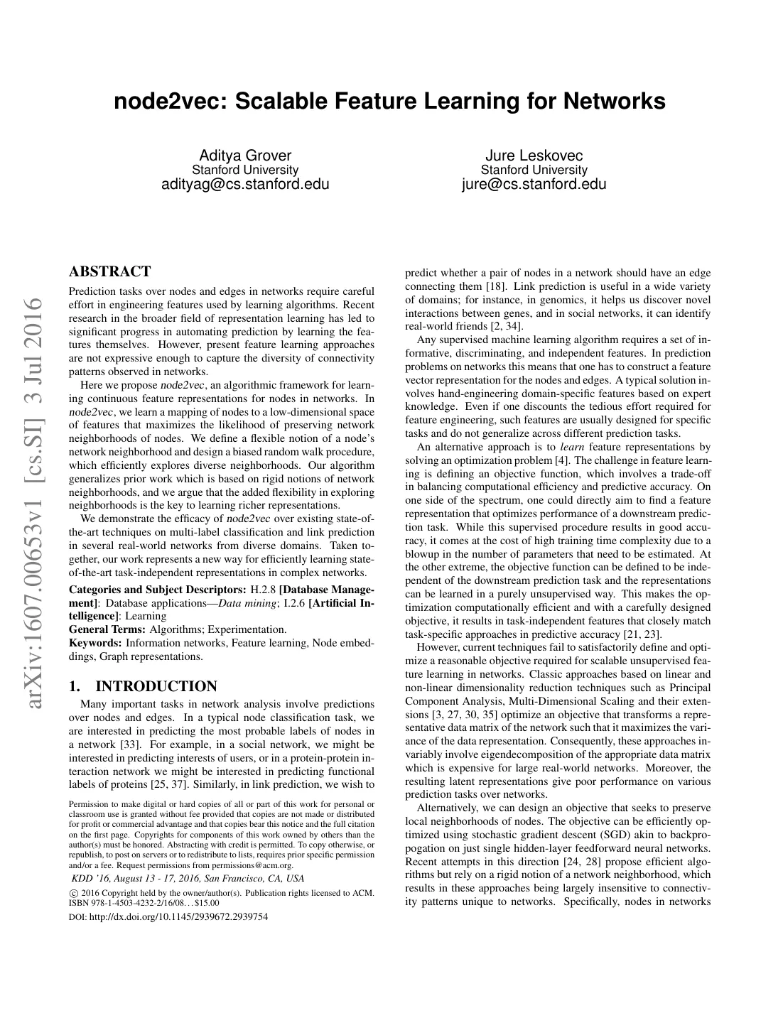 First page of node2vec: Scalable Feature Learning for Networks.
