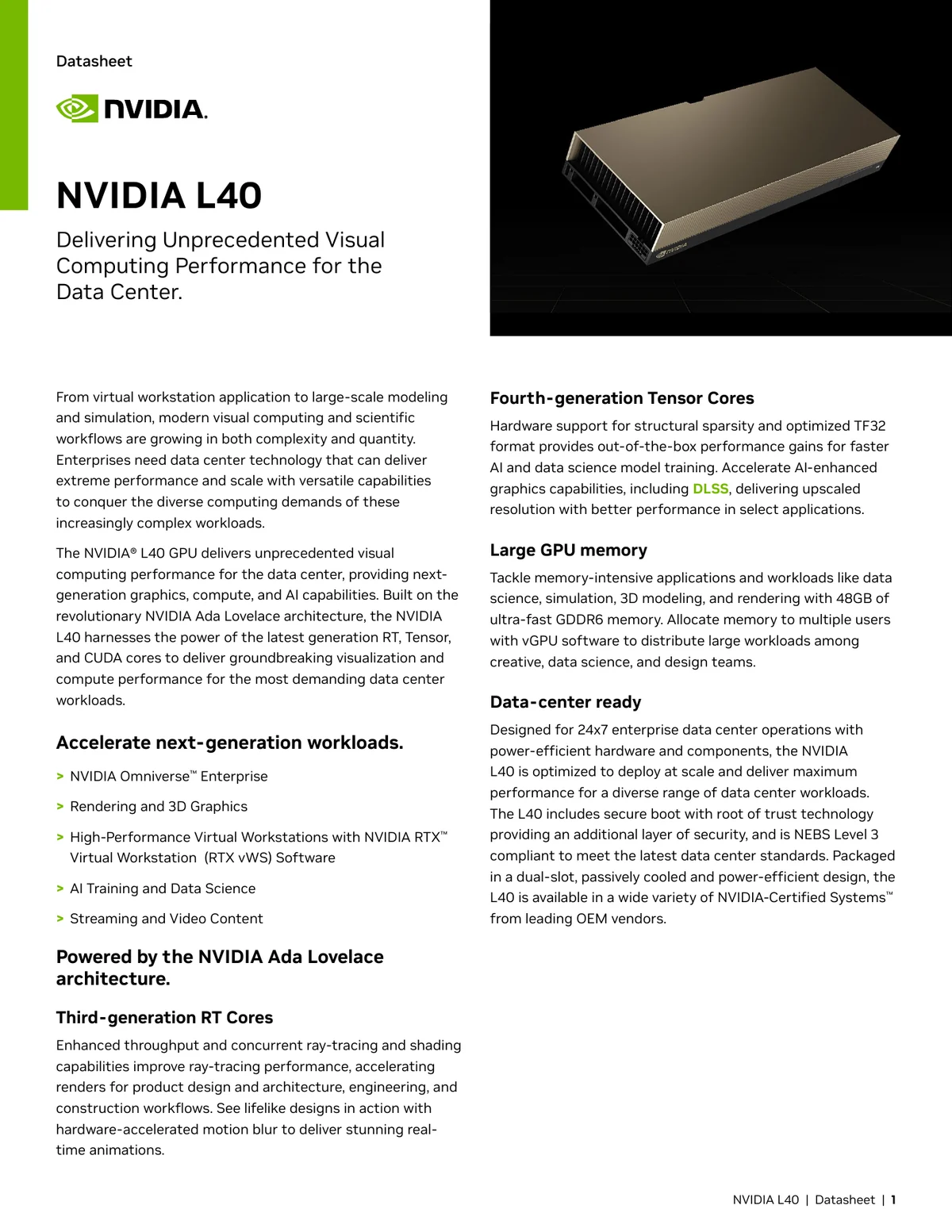 First page of NVIDIA L40 datasheet.