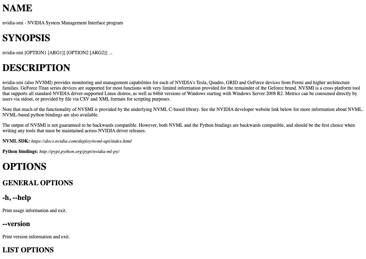 NVIDIA command reference describing nvidia-smi usage, GPU monitoring and command-line options.