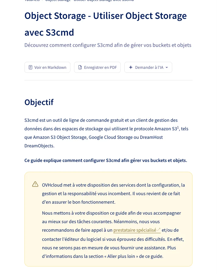 OVHcloud documentation explaining how to manage object-storage buckets with S3cmd.