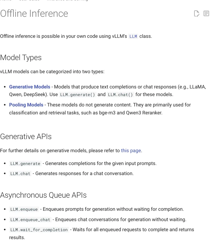 vLLM offline inference reference showing supported models and the generative API.