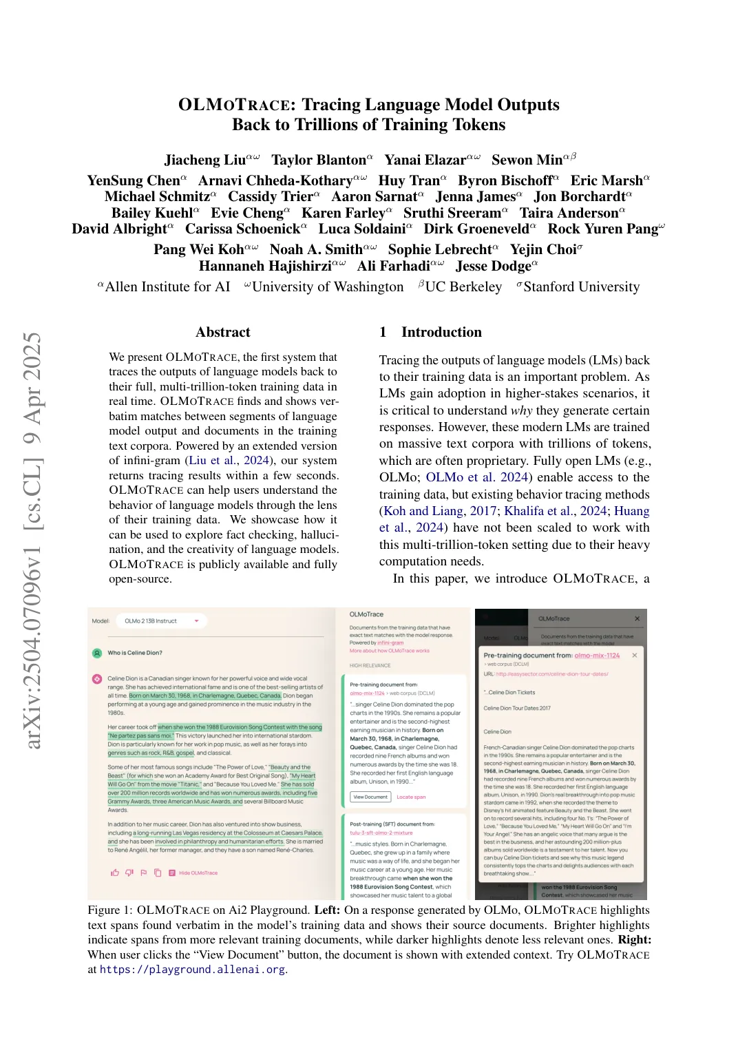 First page of OLMoTrace: Tracing Language Model Outputs Back to Trillions of Training Tokens.