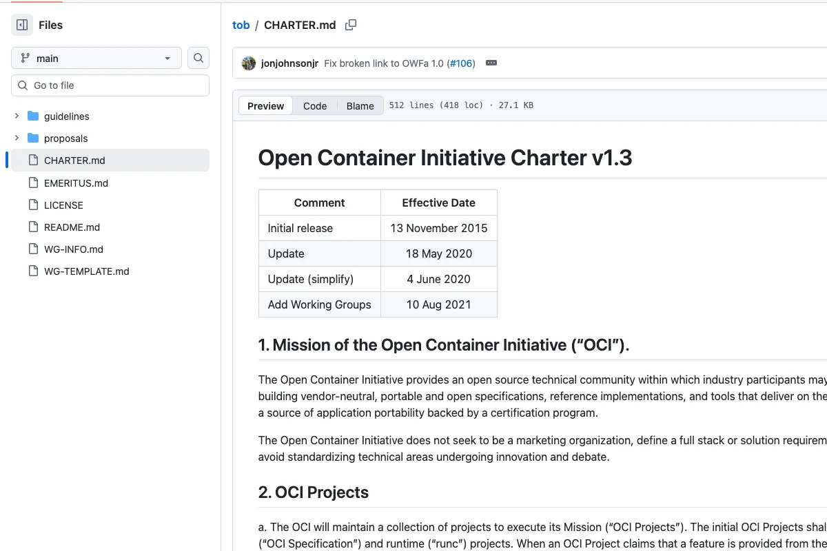 Open Container Initiative charter on GitHub showing its mission and project governance.