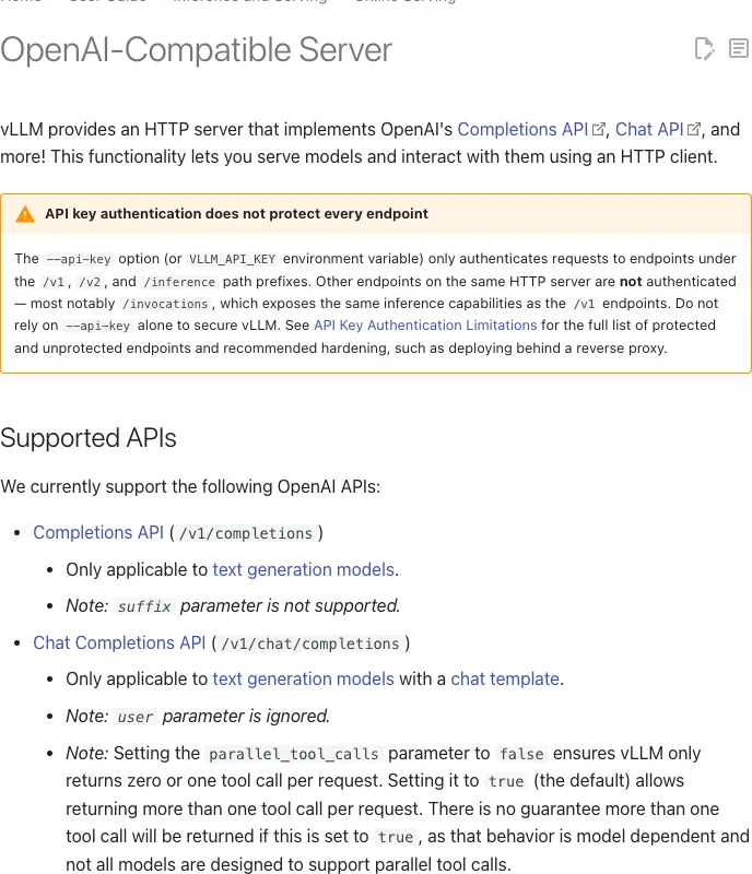 vLLM documentation listing supported OpenAI-compatible APIs and server usage.