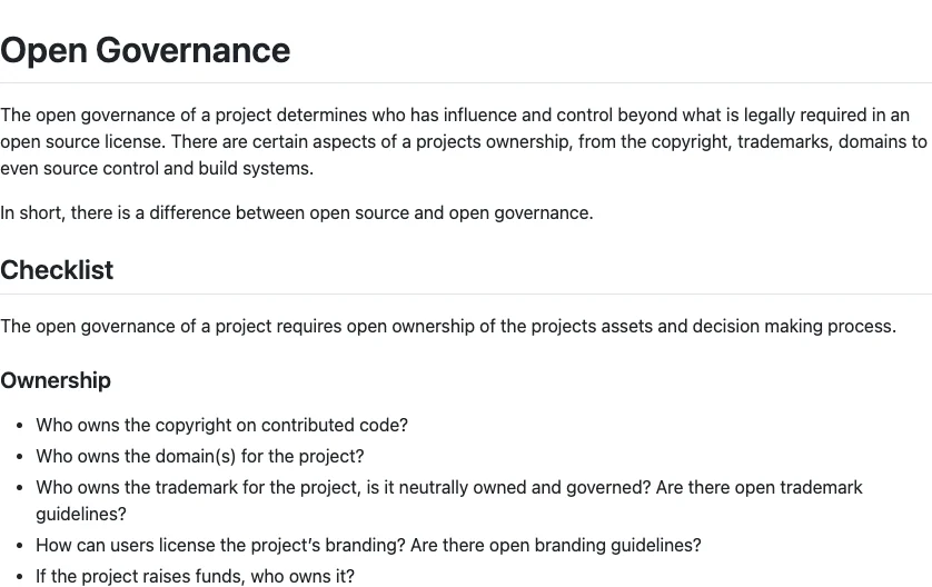 Open Governance repository checklist covering project ownership and decision-making.