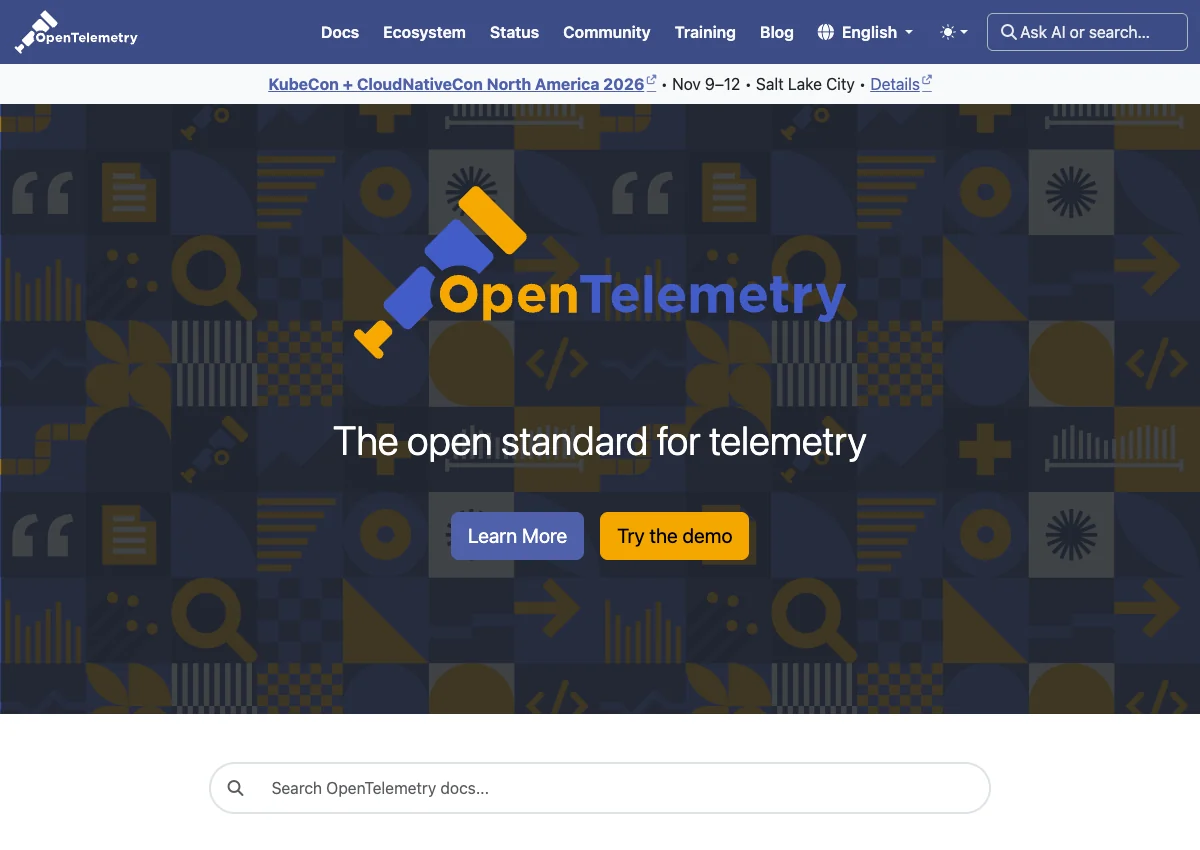OpenTelemetry project homepage introducing the open standard for telemetry.