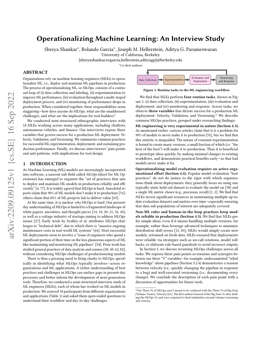 First page of Operationalizing Machine Learning: An Interview Study.