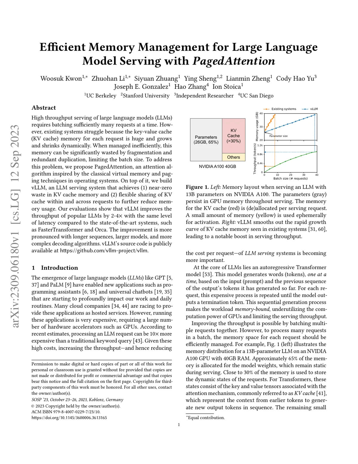 First page of Efficient Memory Management for Large Language Model Serving with PagedAttention.