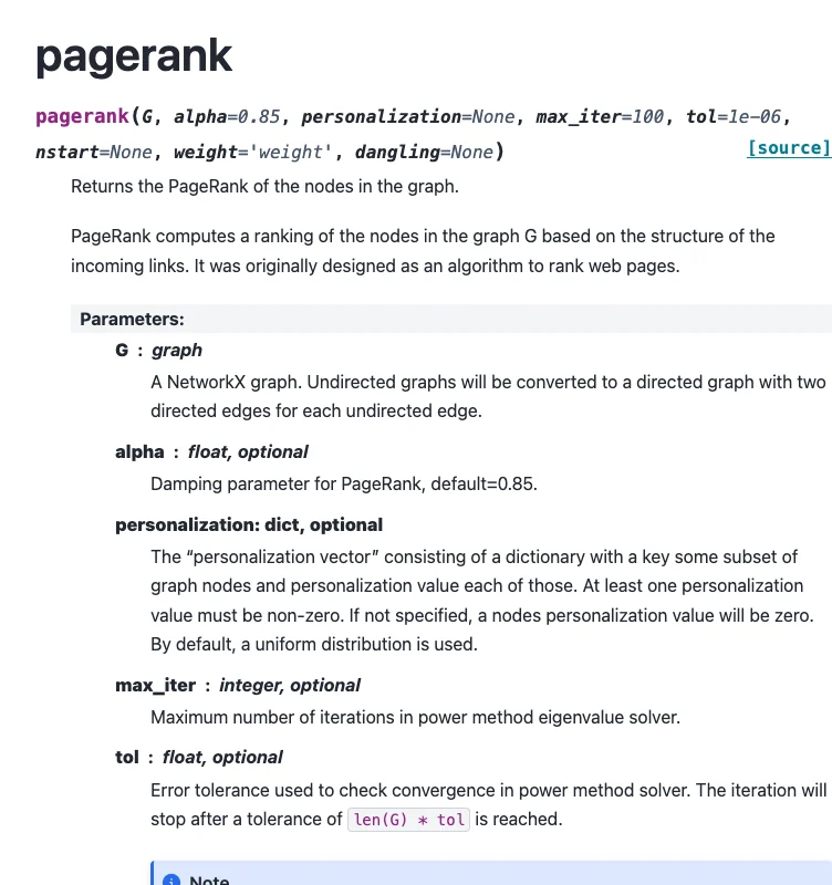 NetworkX PageRank reference showing function arguments and the algorithm description.
