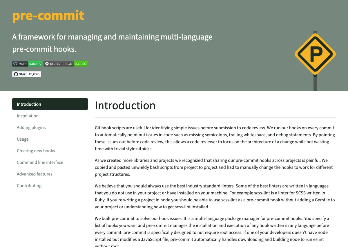 pre-commit project page introducing its hook framework and installation workflow.