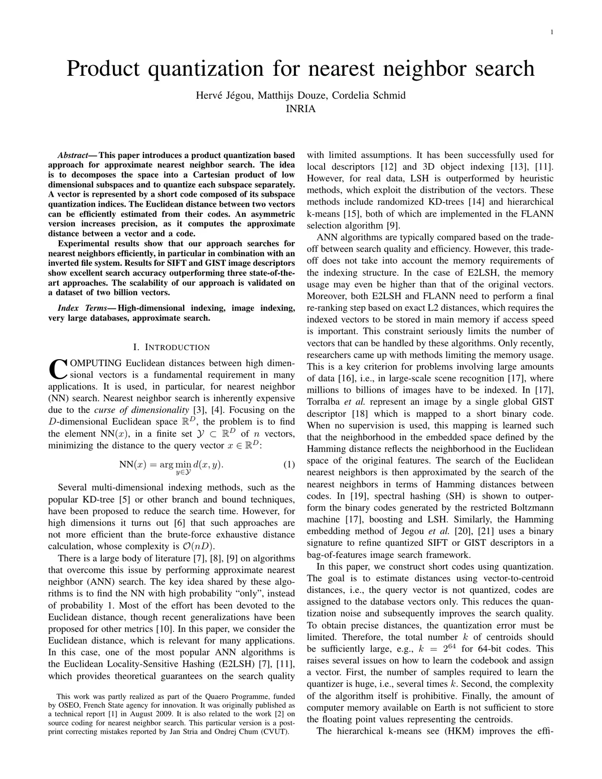 Title page of Product Quantization for Nearest Neighbor Search.