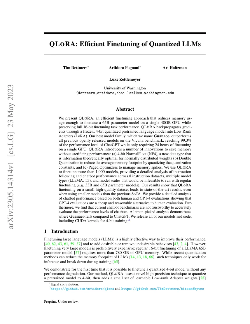 First page of Qlora: Efficient finetuning of quantized llms.