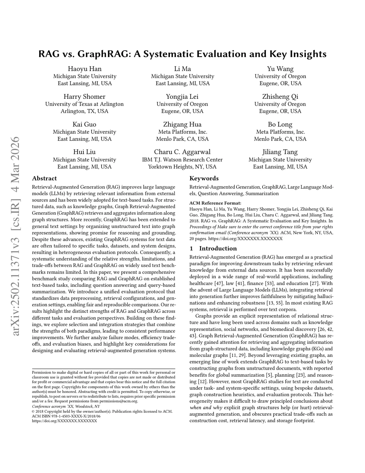 First page of RAG vs. GraphRAG: A Systematic Evaluation and Key Insights.