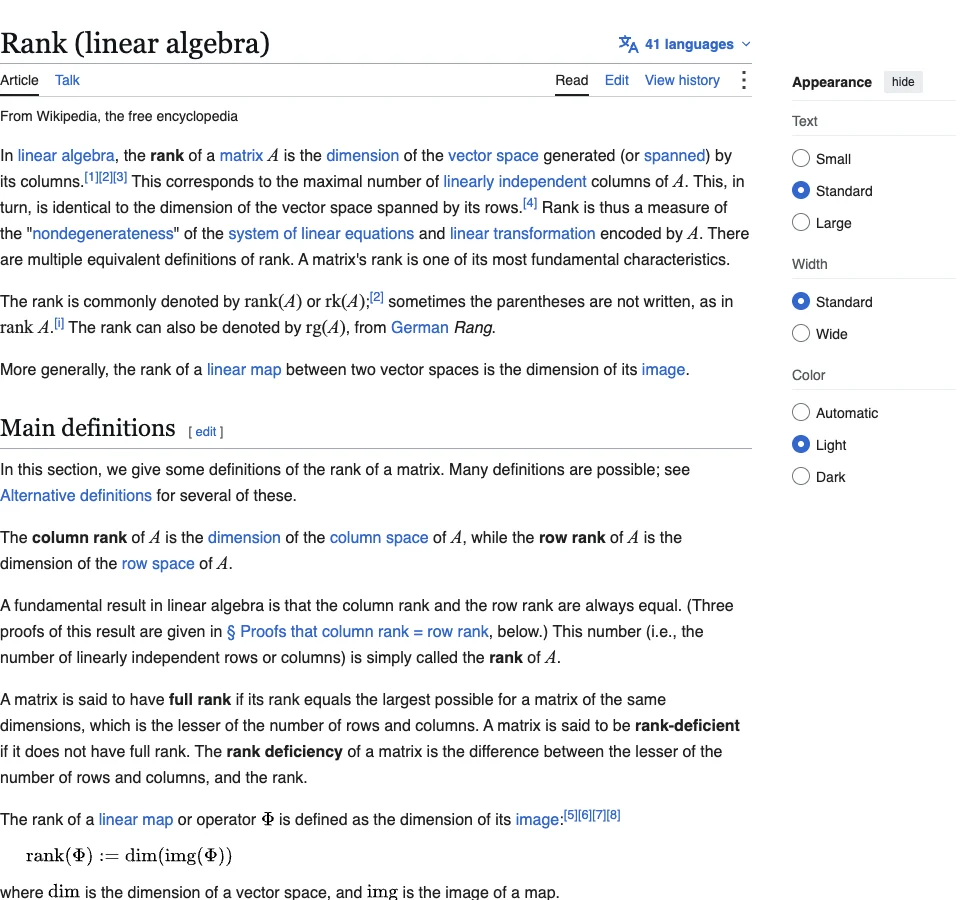 Wikipedia introduction to matrix rank, row space, column space and formal definitions.