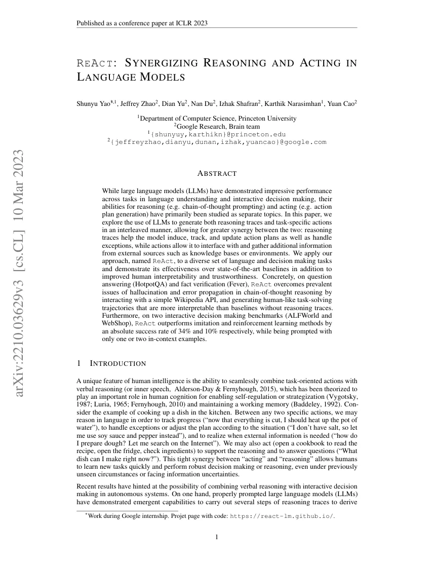 First page of ReAct: Synergizing Reasoning and Acting in Language Models.