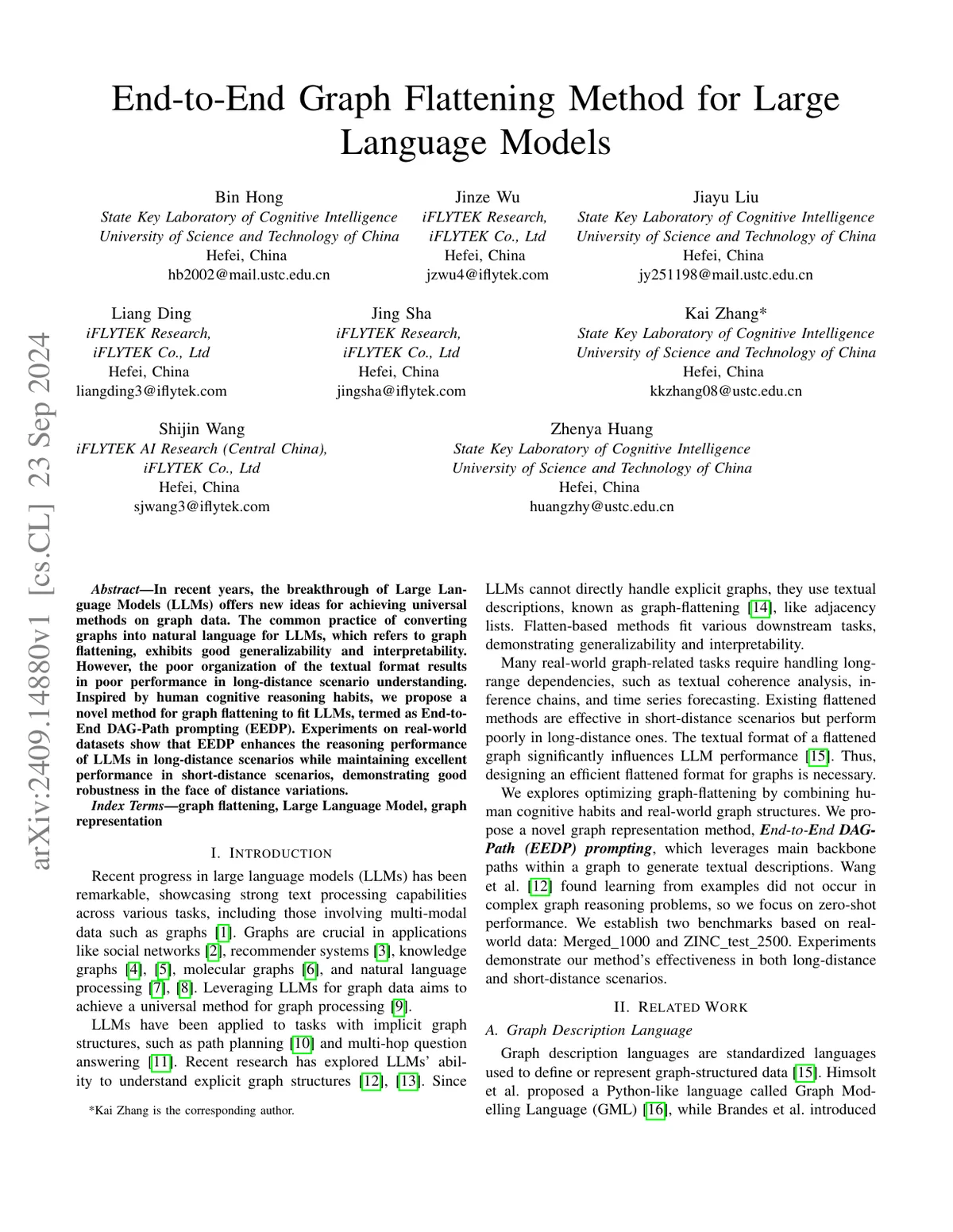 First page of End-to-End Graph Flattening Method for Large Language Models.