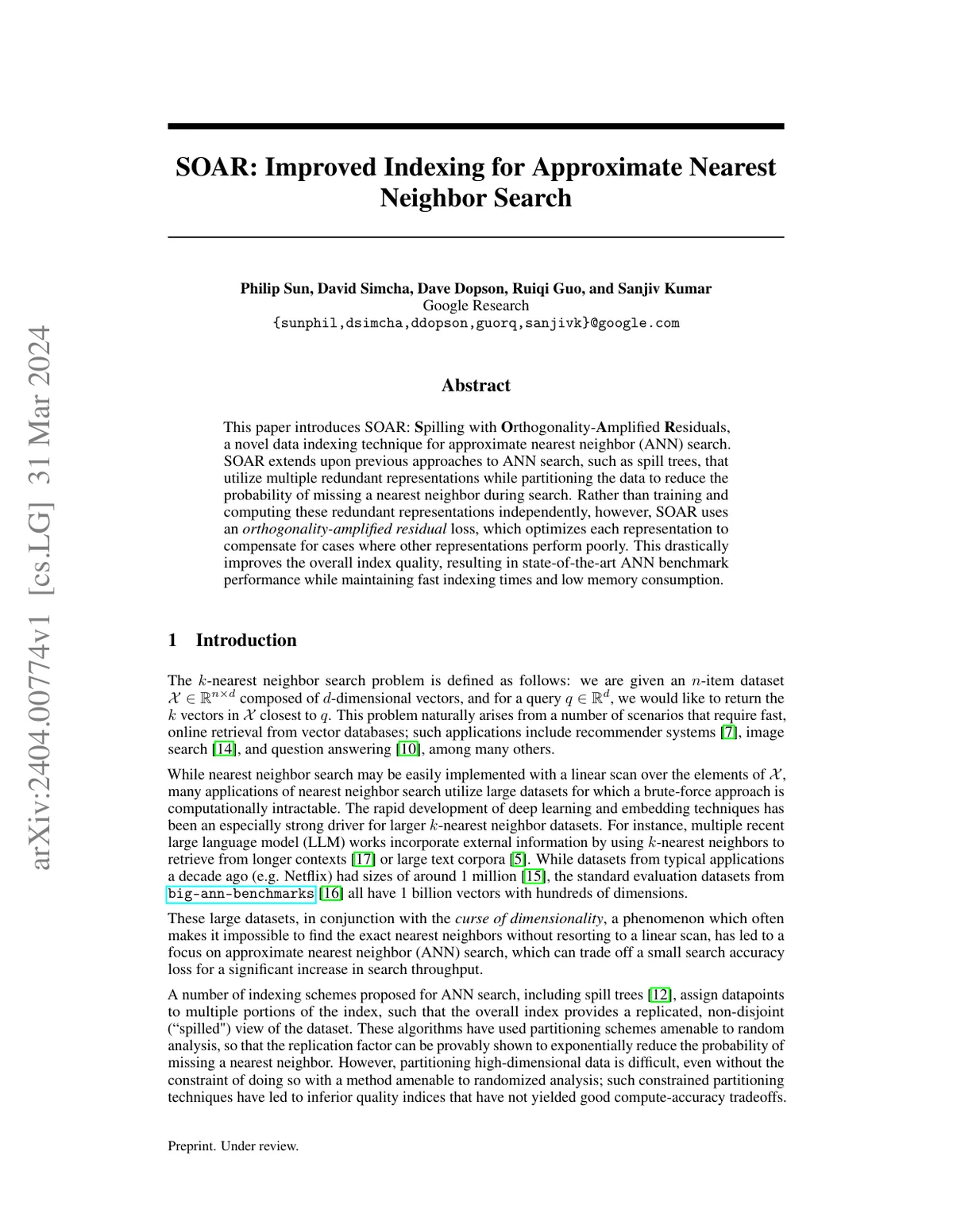 First page of SOAR: Improved Indexing for Approximate Nearest Neighbor Search.