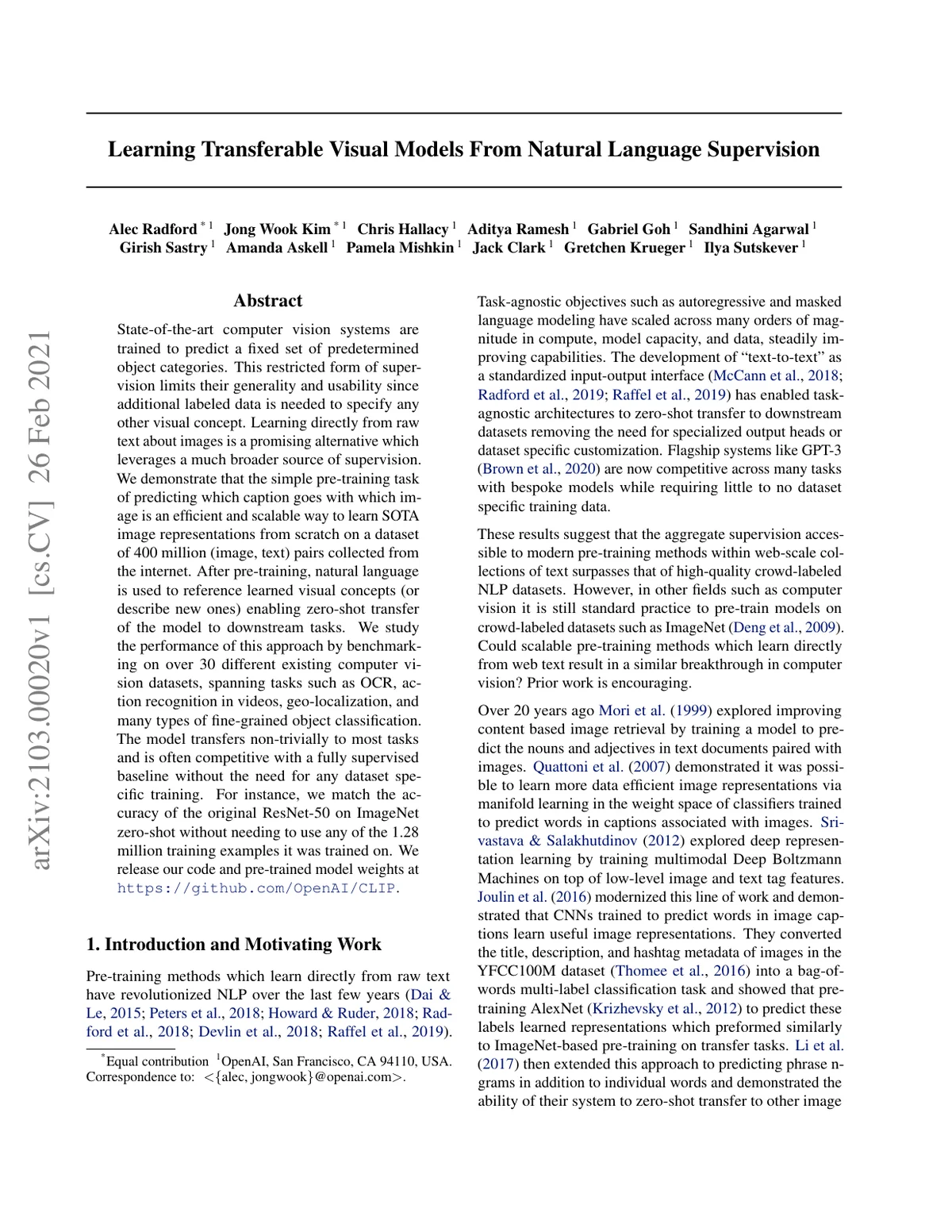 First page of Learning Transferable Visual Models From Natural Language Supervision.