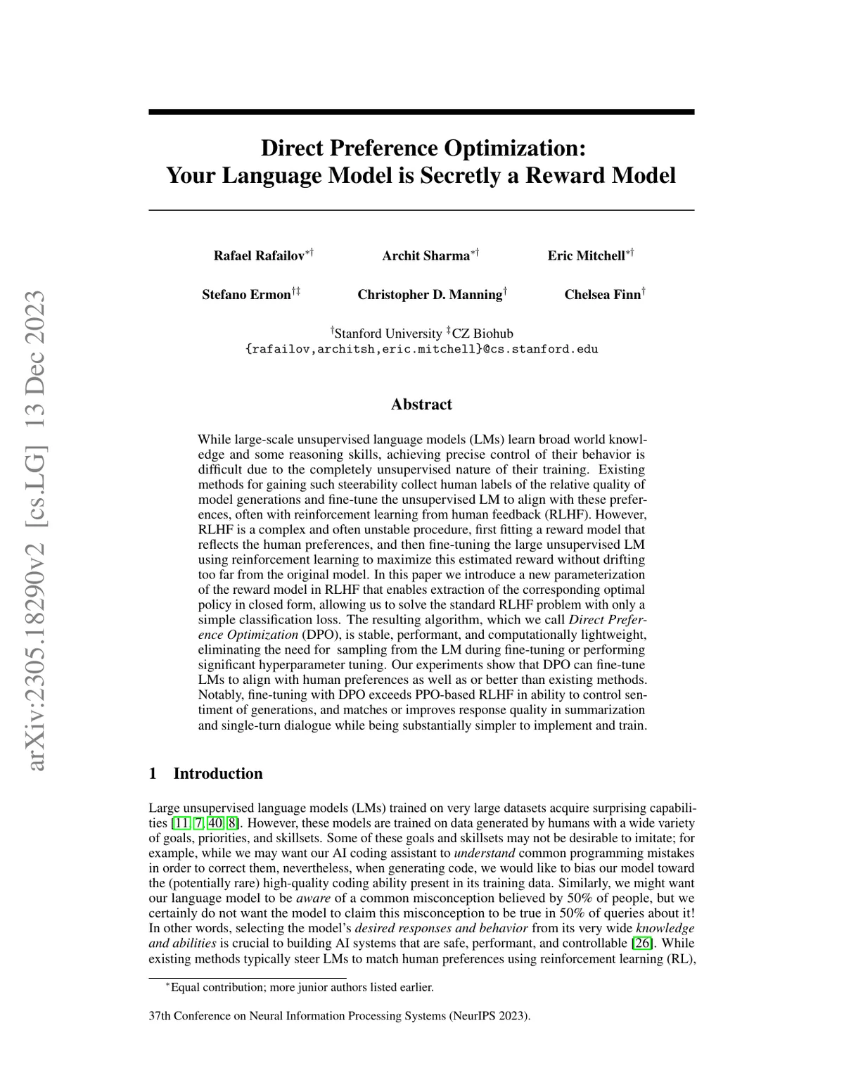 First page of Direct Preference Optimization: Your Language Model is Secretly a Reward Model.