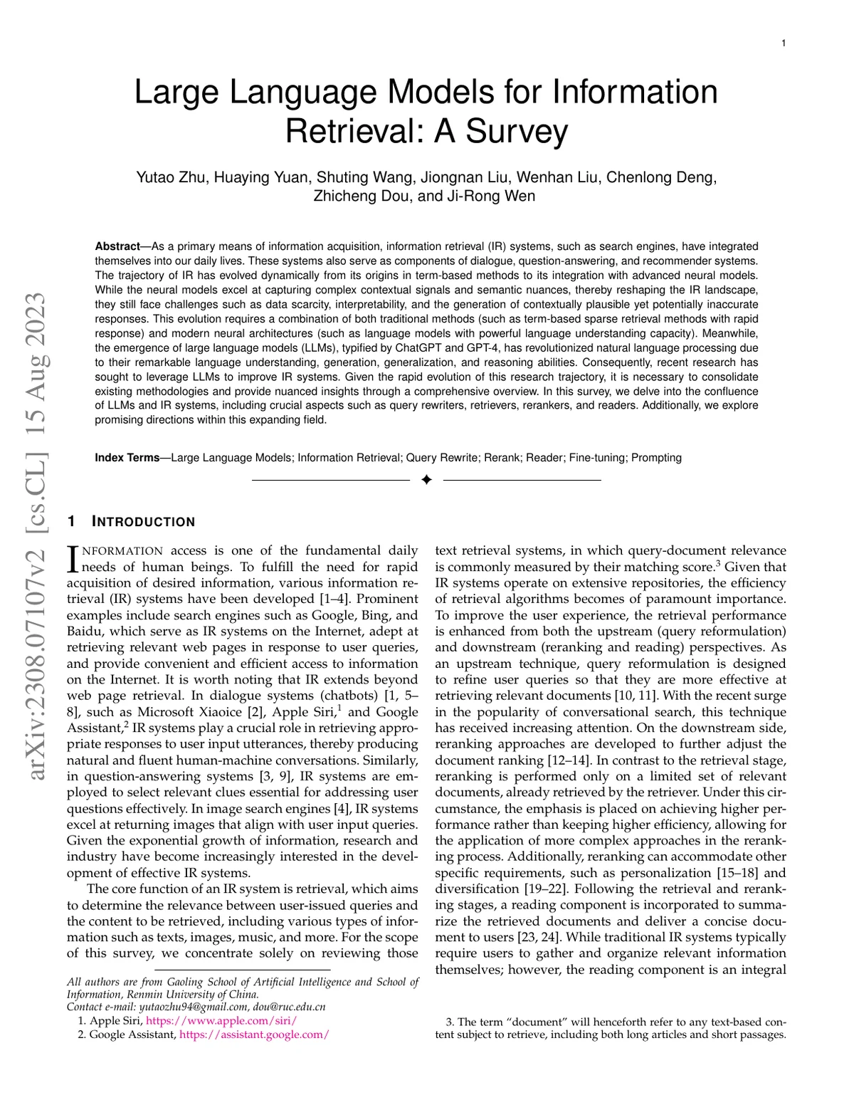 First page of Large Language Models for Information Retrieval: A Survey.
