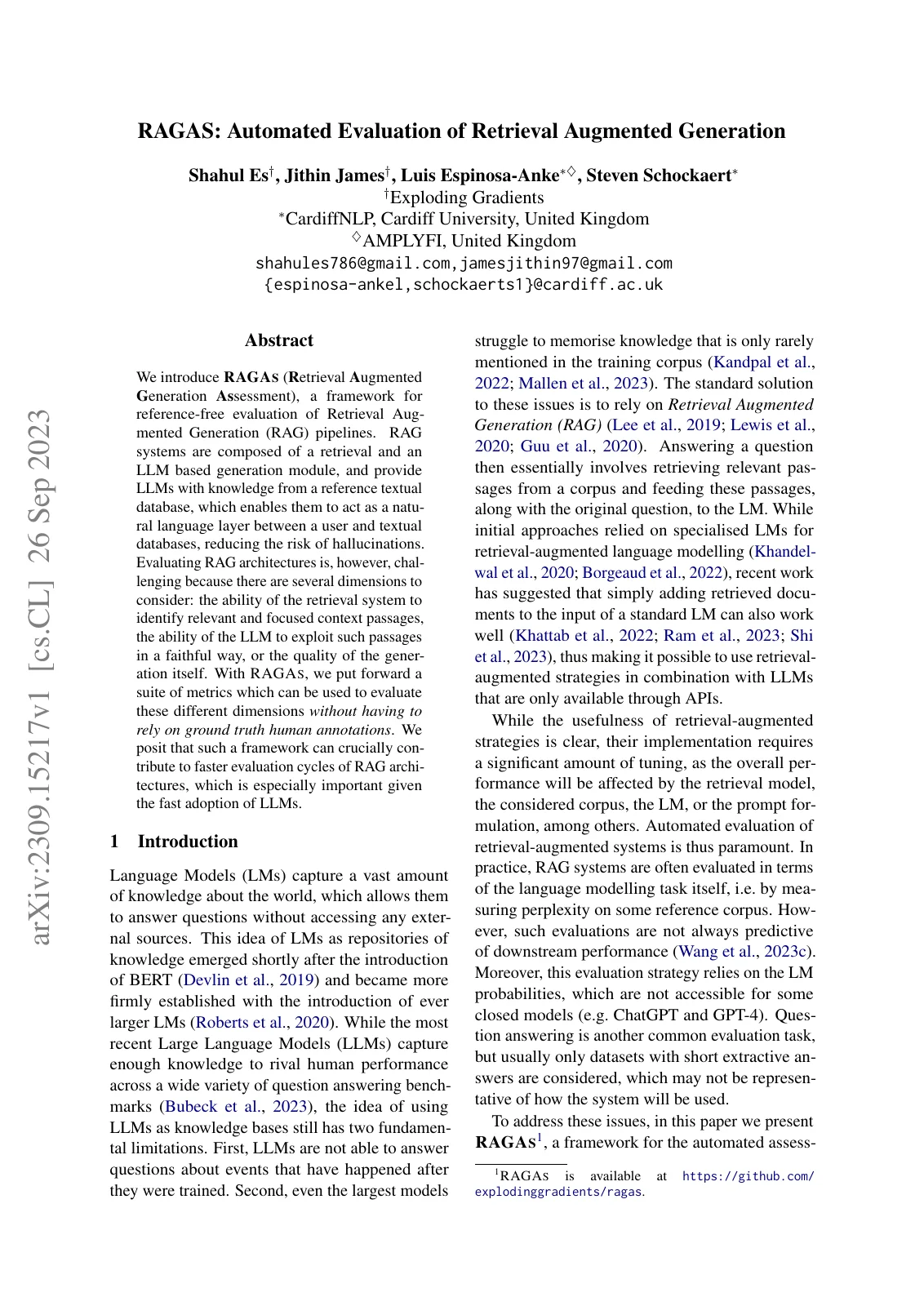 First page of Ragas: Automated Evaluation of Retrieval Augmented Generation.