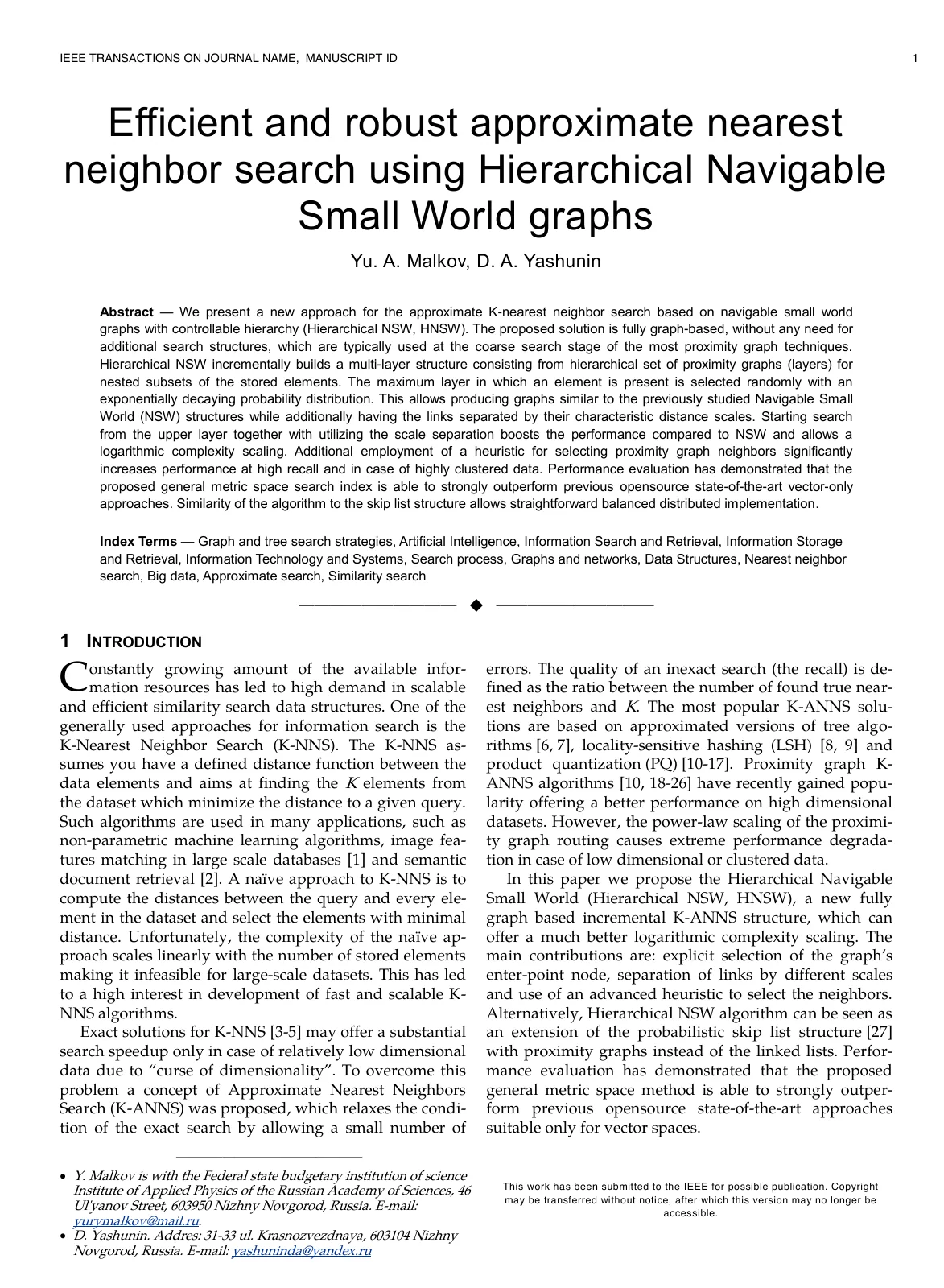 First page of Efficient and robust approximate nearest neighbor search using Hierarchical Navigable Small World graphs.