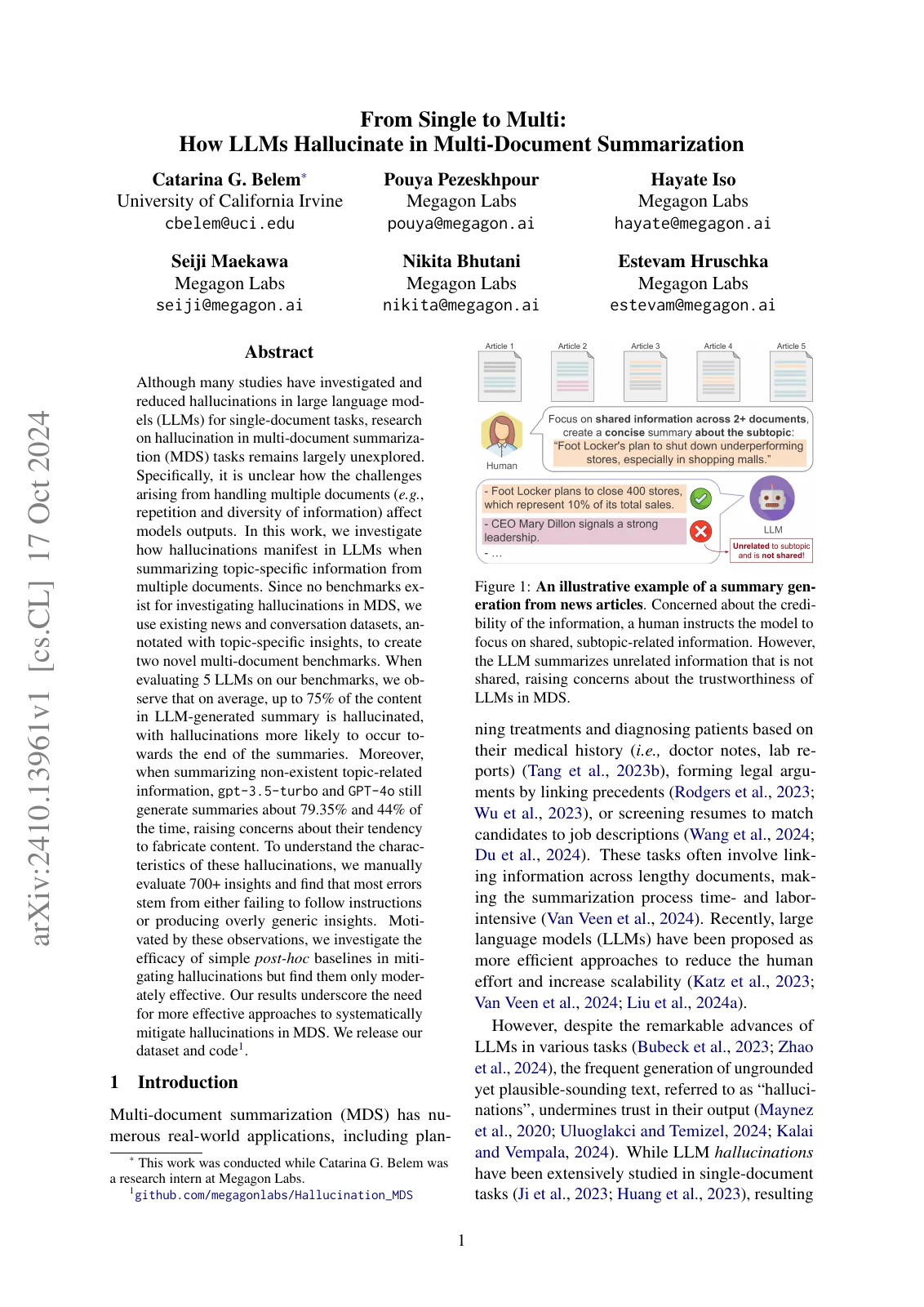 First page of From Single to Multi: How LLMs Hallucinate in Multi-Document Summarization.