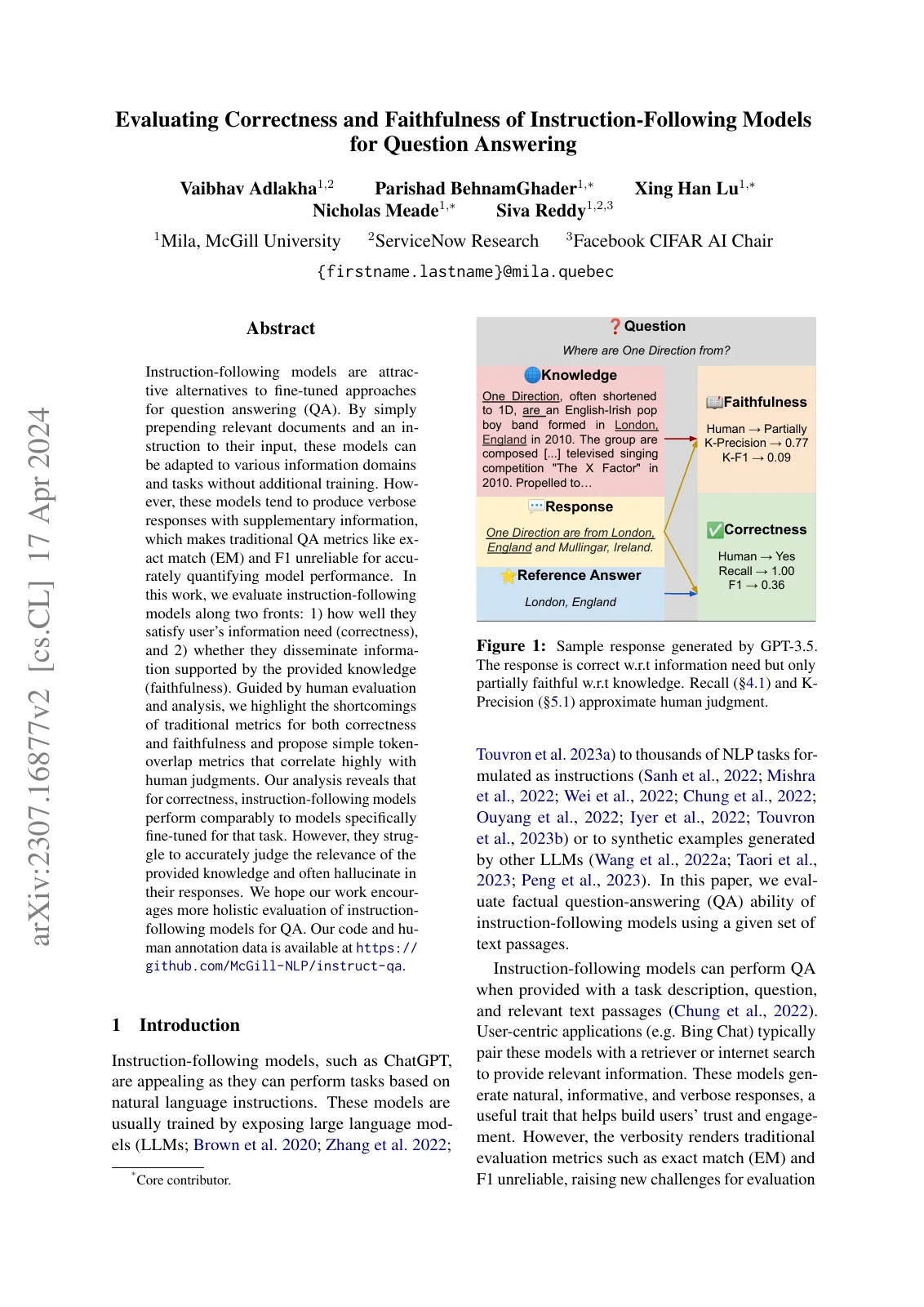 First page of Evaluating Correctness and Faithfulness of Instruction-Following Models for Question Answering.