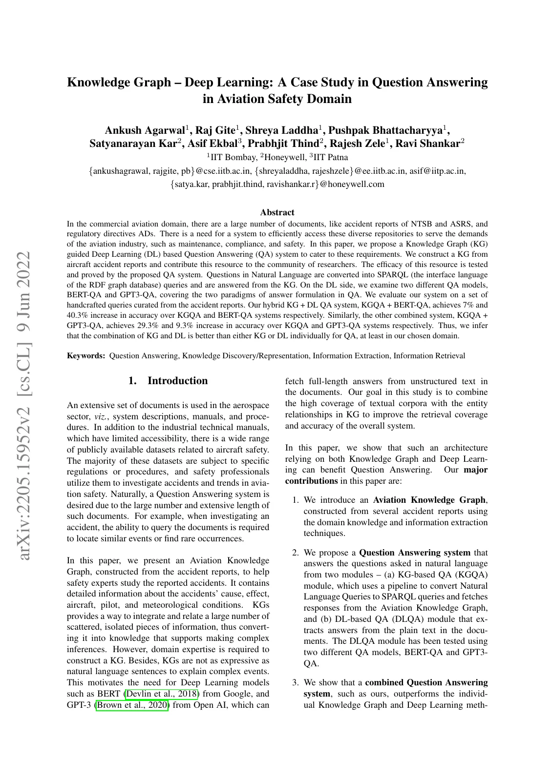 First page of Knowledge Graph - Deep Learning: A Case Study in Question Answering in Aviation Safety Domain.