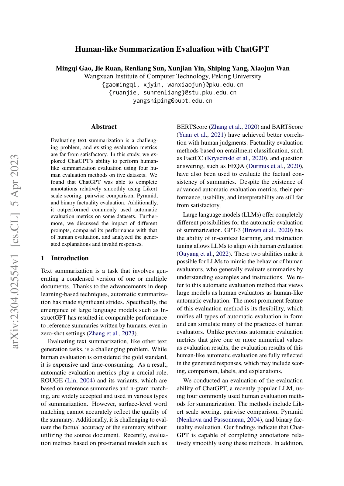 First page of Human-like Summarization Evaluation with ChatGPT.