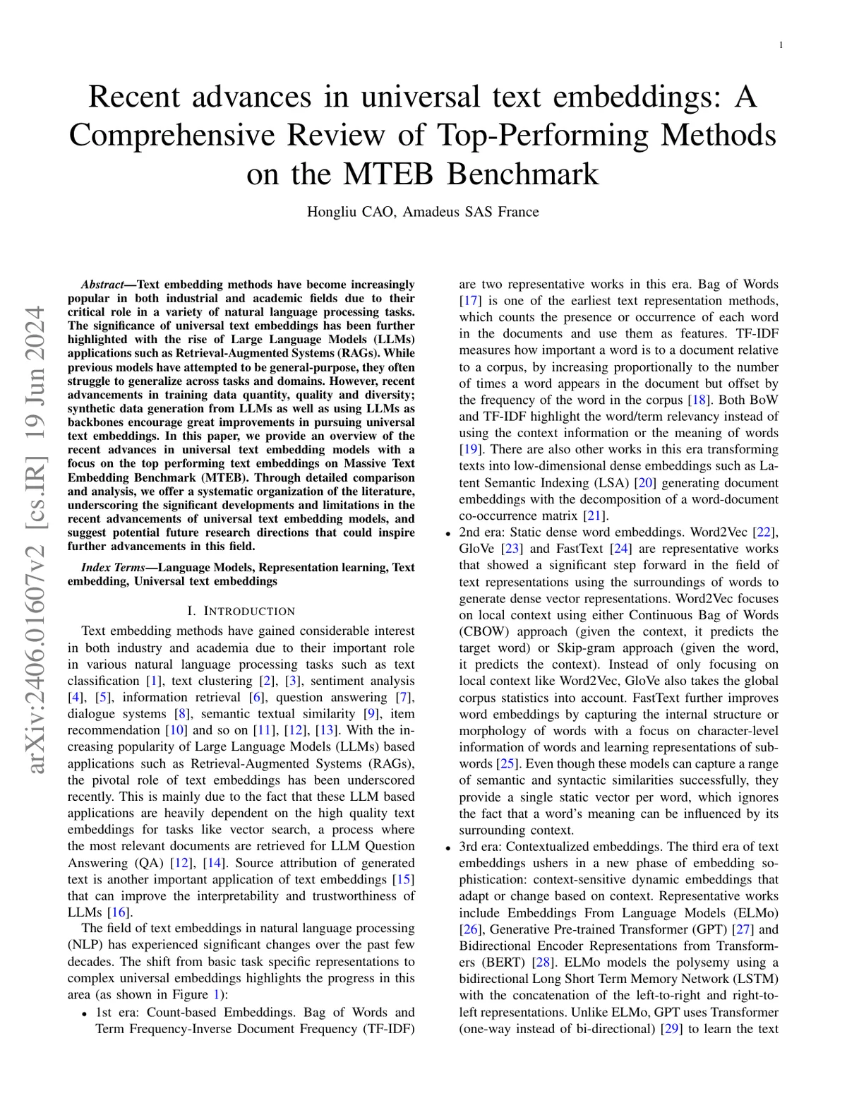 First page of Recent advances in text embedding: A Comprehensive Review of Top-Performing Methods on the MTEB Benchmark.