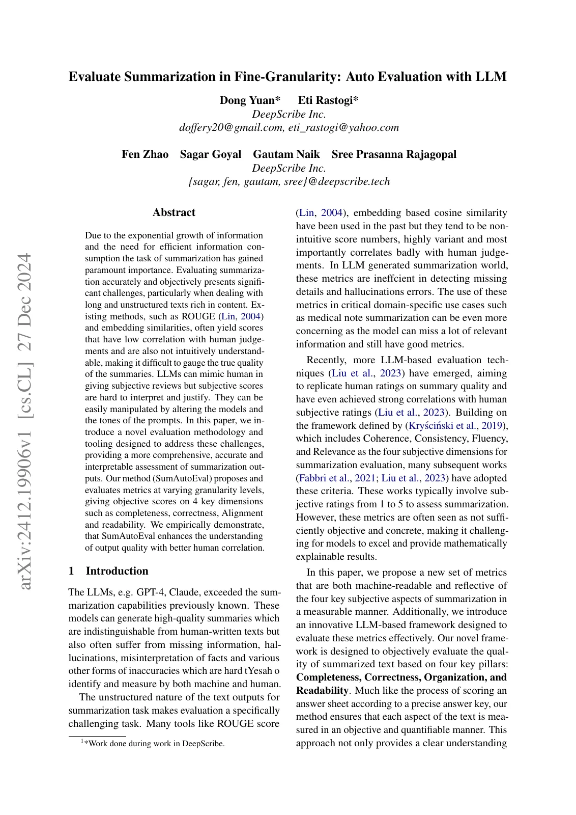 First page of Evaluate Summarization in Fine-Granularity: Auto Evaluation with LLM.