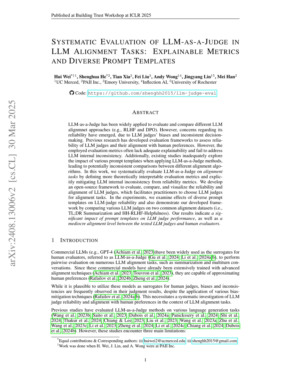 First page of Systematic Evaluation of LLM-as-a-Judge in LLM Alignment Tasks: Explainable Metrics and Diverse Prompt Templates.
