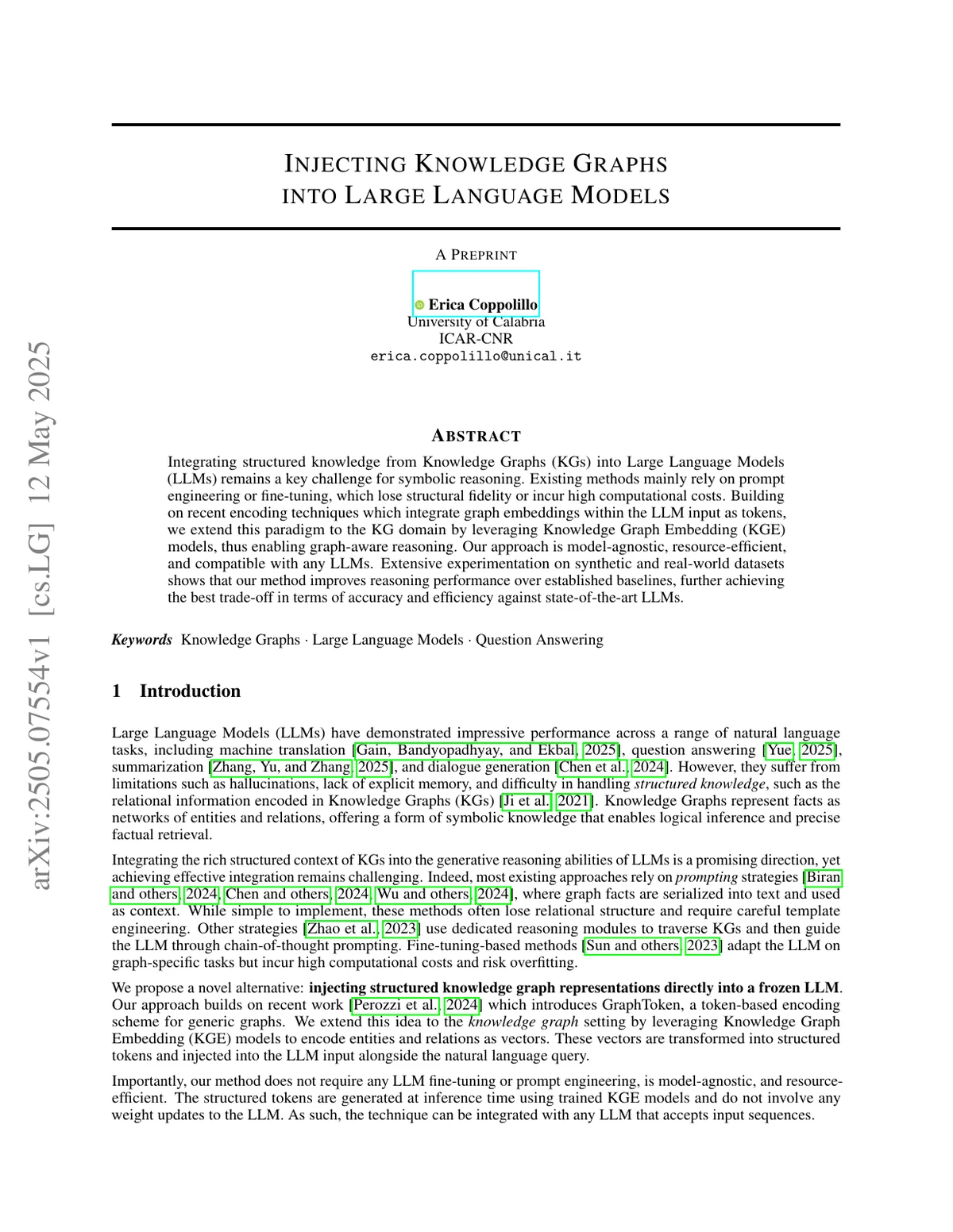 First page of Injecting Knowledge Graphs into Large Language Models.