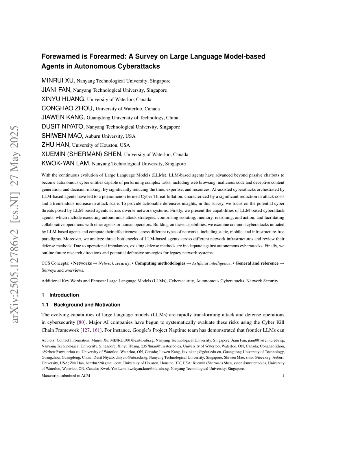 First page of Forewarned is Forearmed: A Survey on Large Language Model-based Agents in Autonomous Cyberattacks.