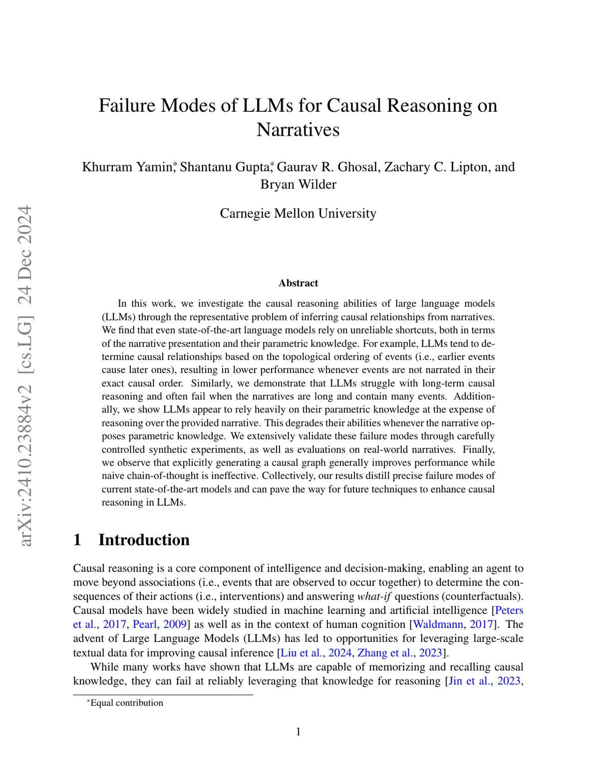 First page of Failure Modes of LLMs for Causal Reasoning on Narratives.