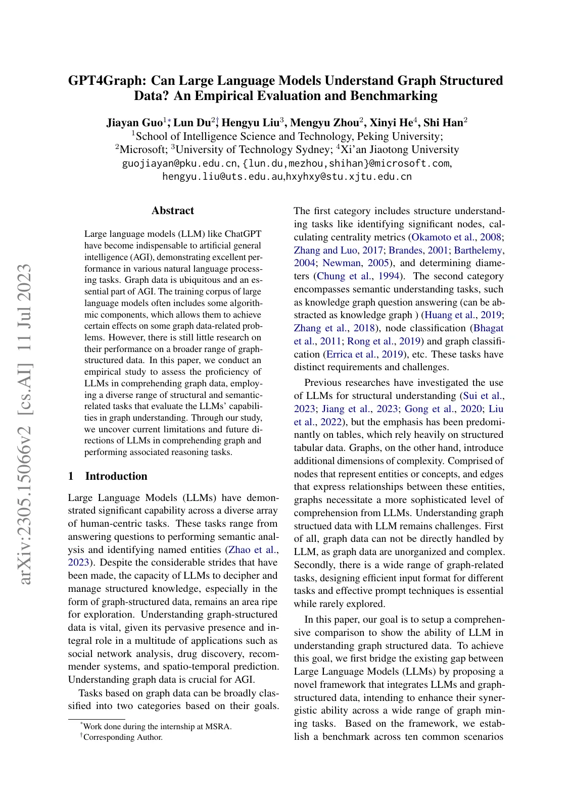 First page of GPT4Graph: Can Large Language Models Understand Graph Structured Data ? An Empirical Evaluation and Benchmarking.
