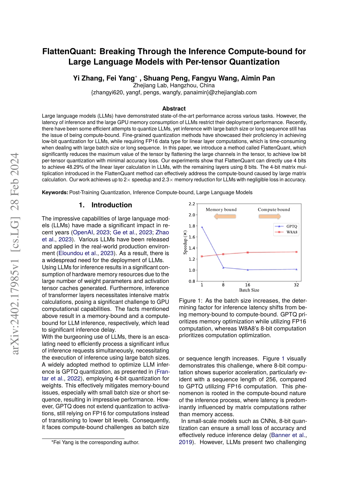 First page of FlattenQuant: Breaking Through the Inference Compute-bound for Large Language Models with Per-tensor Quantization.