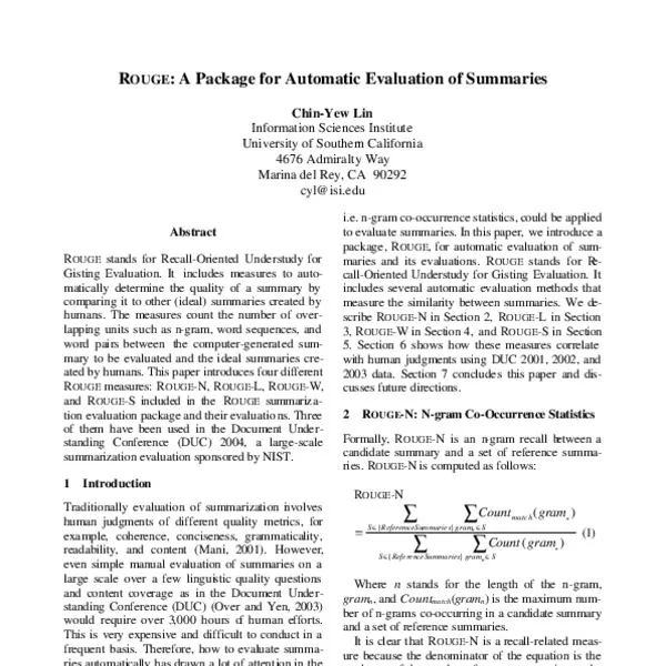 Preview of ROUGE: A Package for Automatic Evaluation of Summaries.