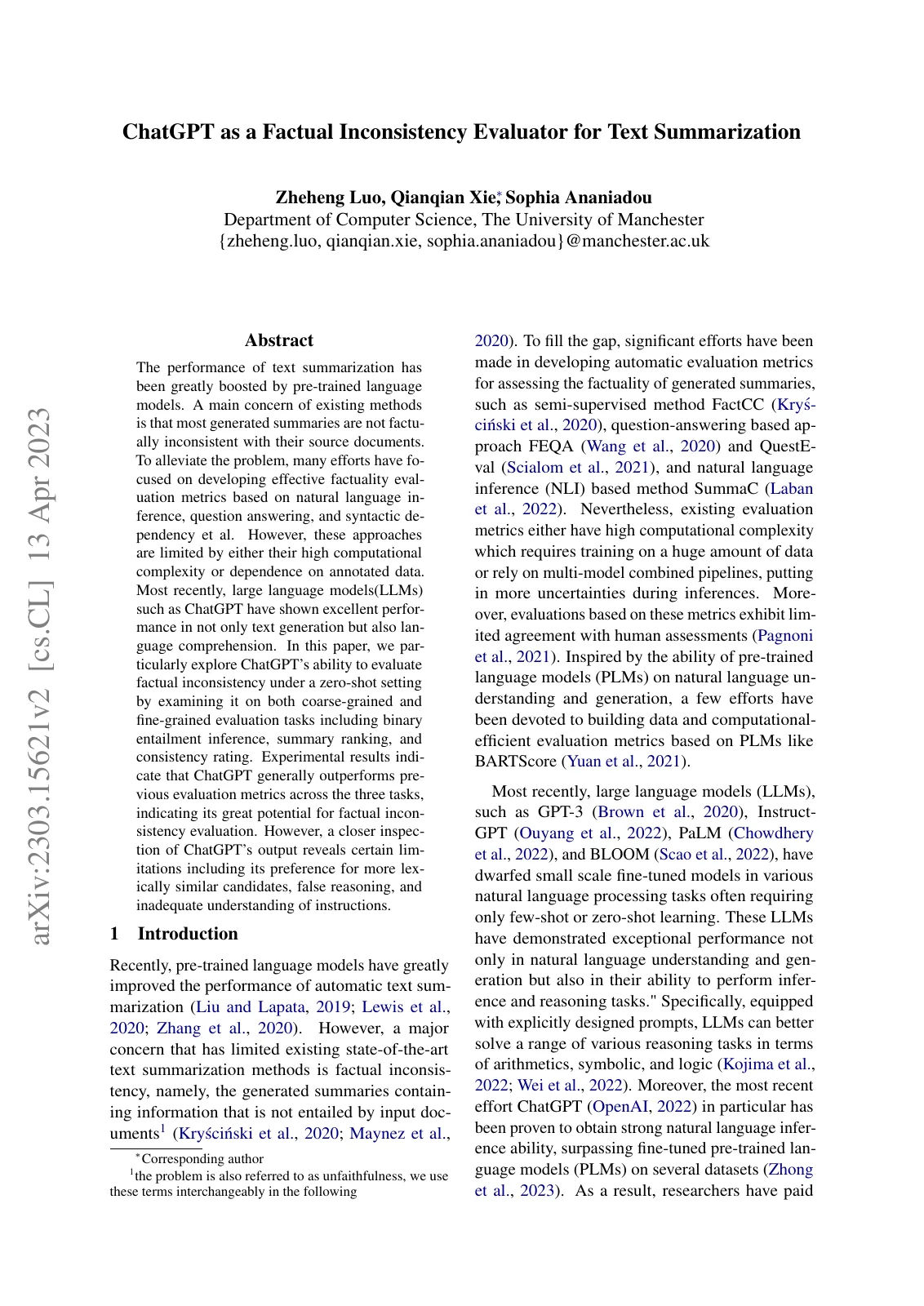First page of ChatGPT as a Factual Inconsistency Evaluator for Text Summarization.