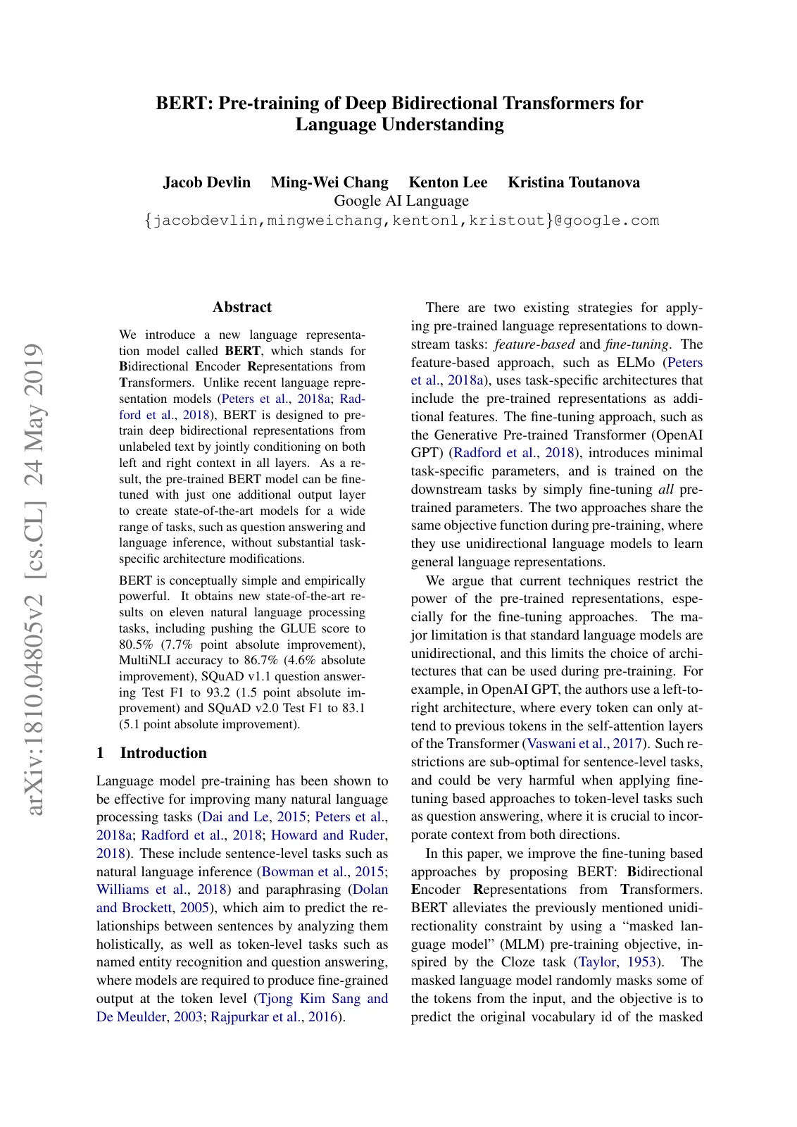 First page of BERT: Pre-training of Deep Bidirectional Transformers for Language Understanding.